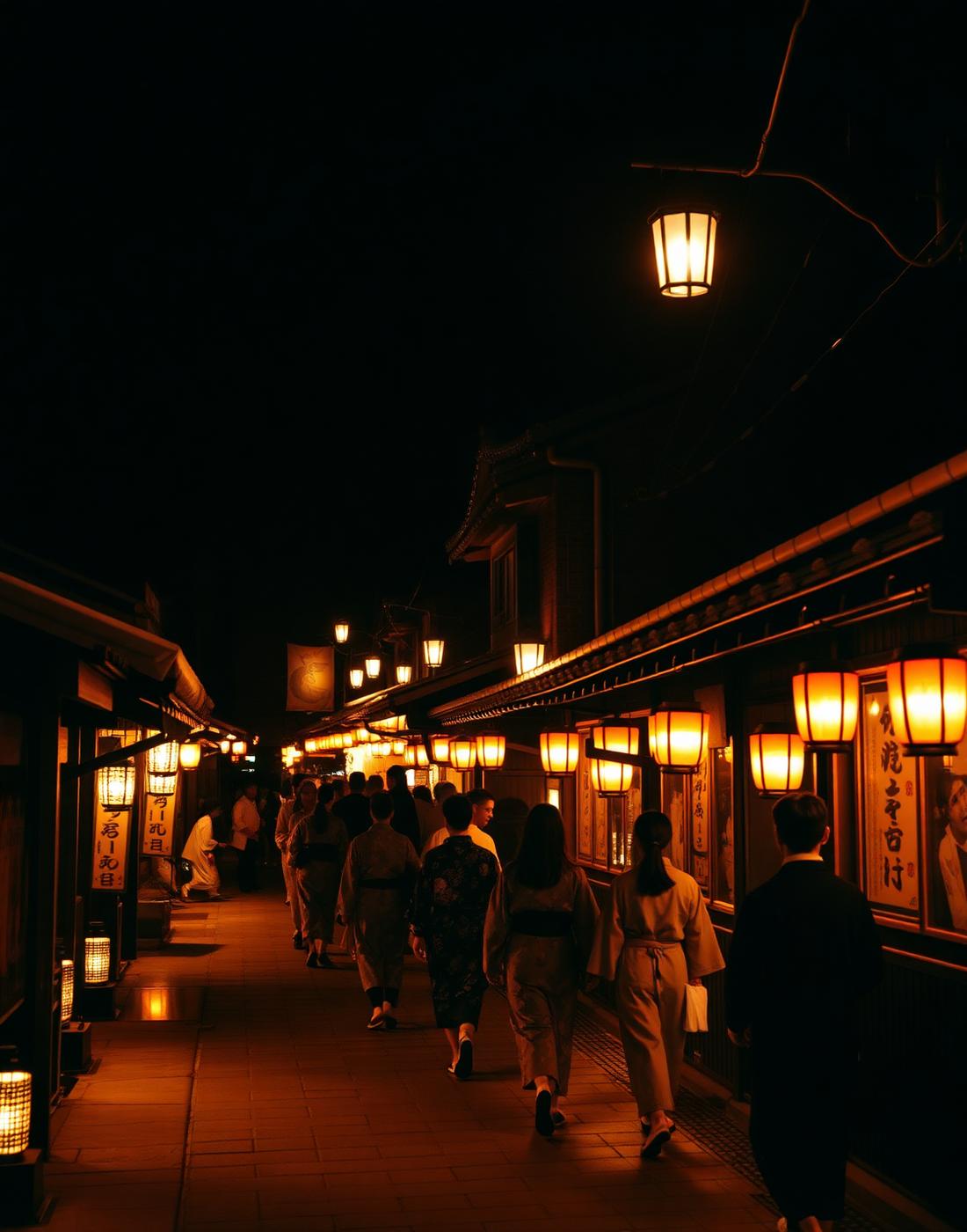 Lantern-lit onsen village street at night with people in yukata