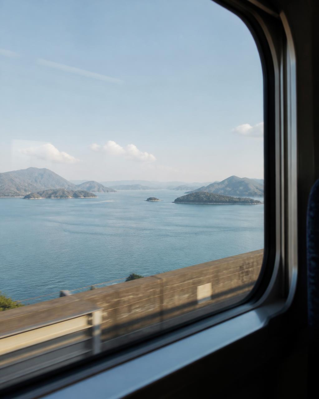 Seto Inland Sea viewed from the Marine Liner express window, islands scattered across calm blue water