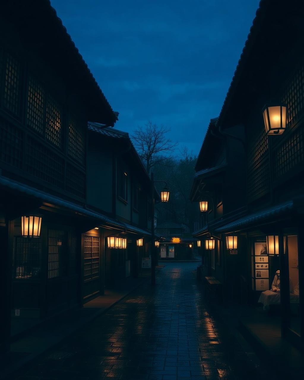 Lantern-lit wooden teahouse lane in Kanazawa's Higashi Chaya district at blue hour